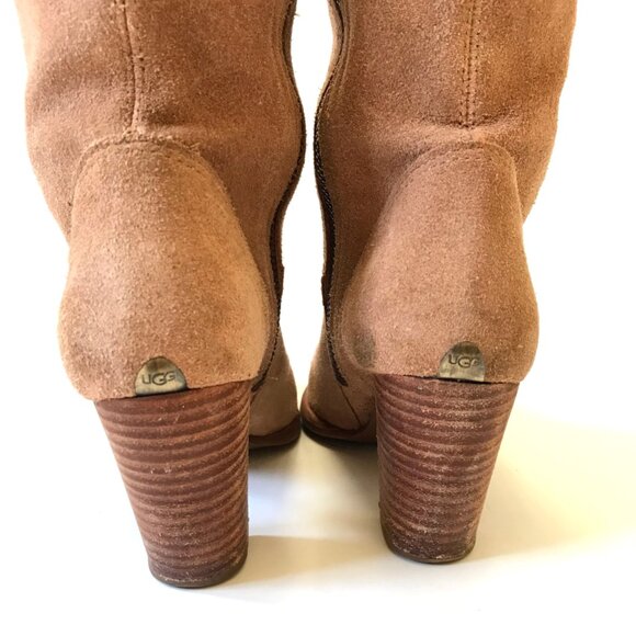 UGG Ava Knee High Tall Suede Boots Womens 6.5 Brown Tan Block Heels Leather Zip - Picture 12 of 16